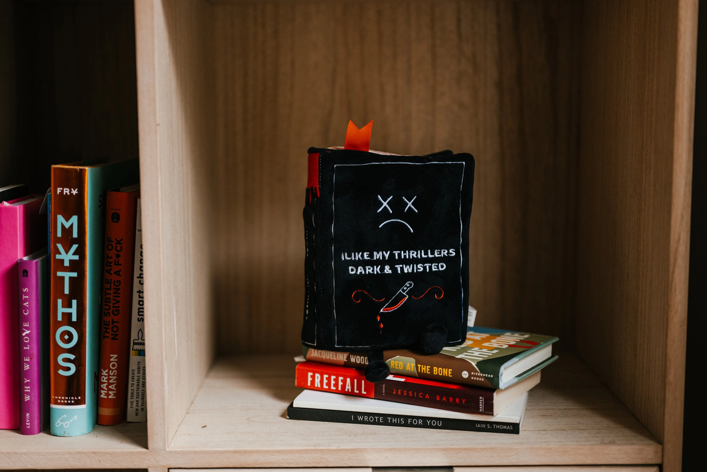 Stack of books on a wooden shelf with a plush toy resembling a book cover.
