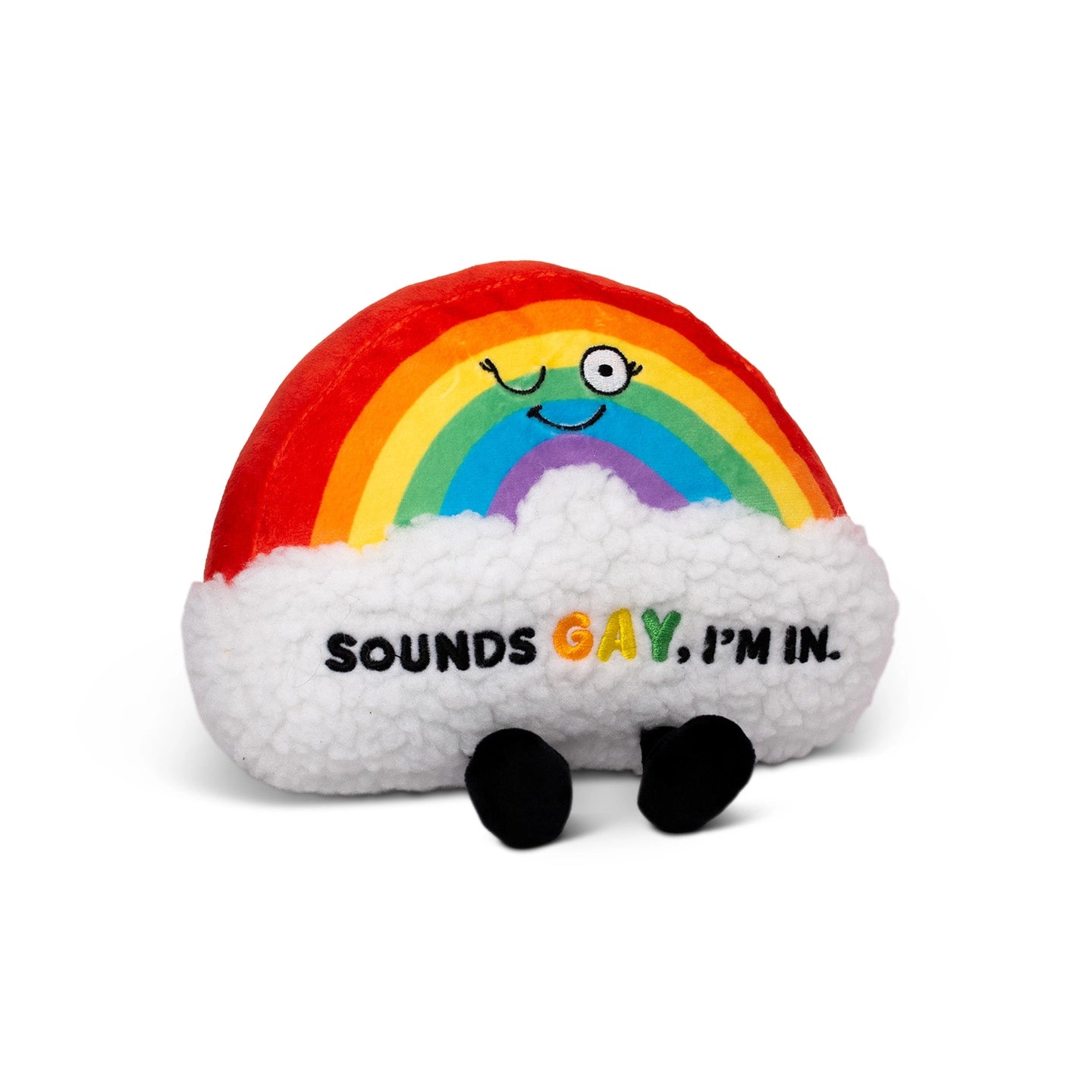 Plush toy with rainbow and cloud design on a white background
