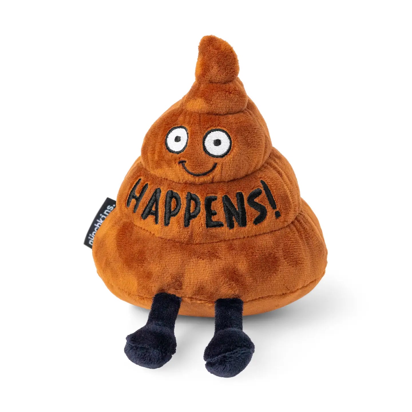 Plush toy shaped like a brown poop emoji with 'HAPPENS!' text on a white background