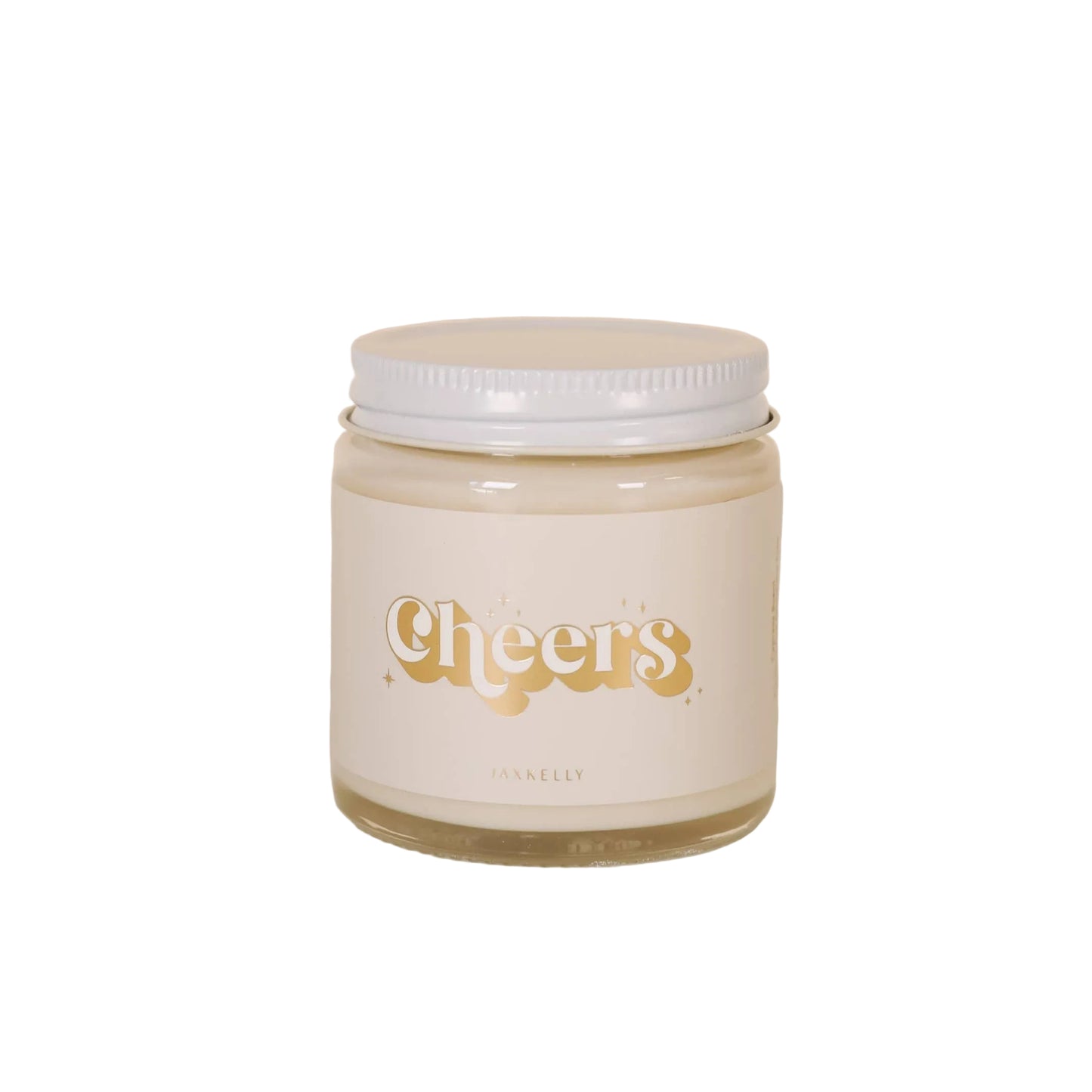Jar candle with 'Cheers' text on a beige background