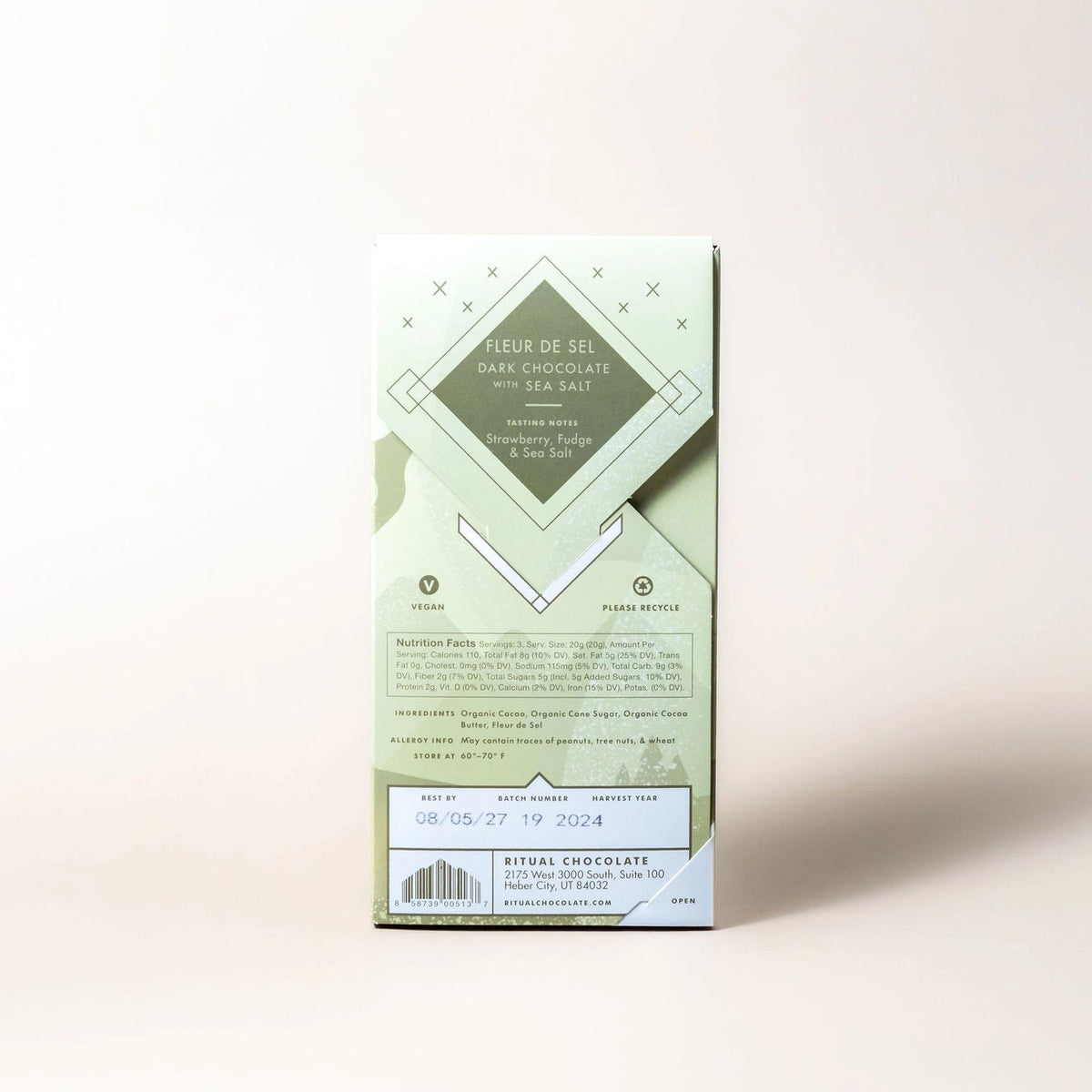 A tall rectangular box of Fleur de Sel Haricot Chocolate Melt, shown from the back against a clean, off-white background with a soft shadow.