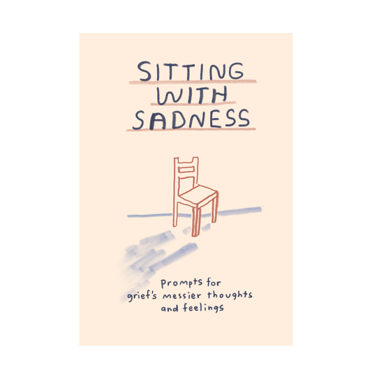 Book cover with a chair illustration and text about grief and sadness on a beige background