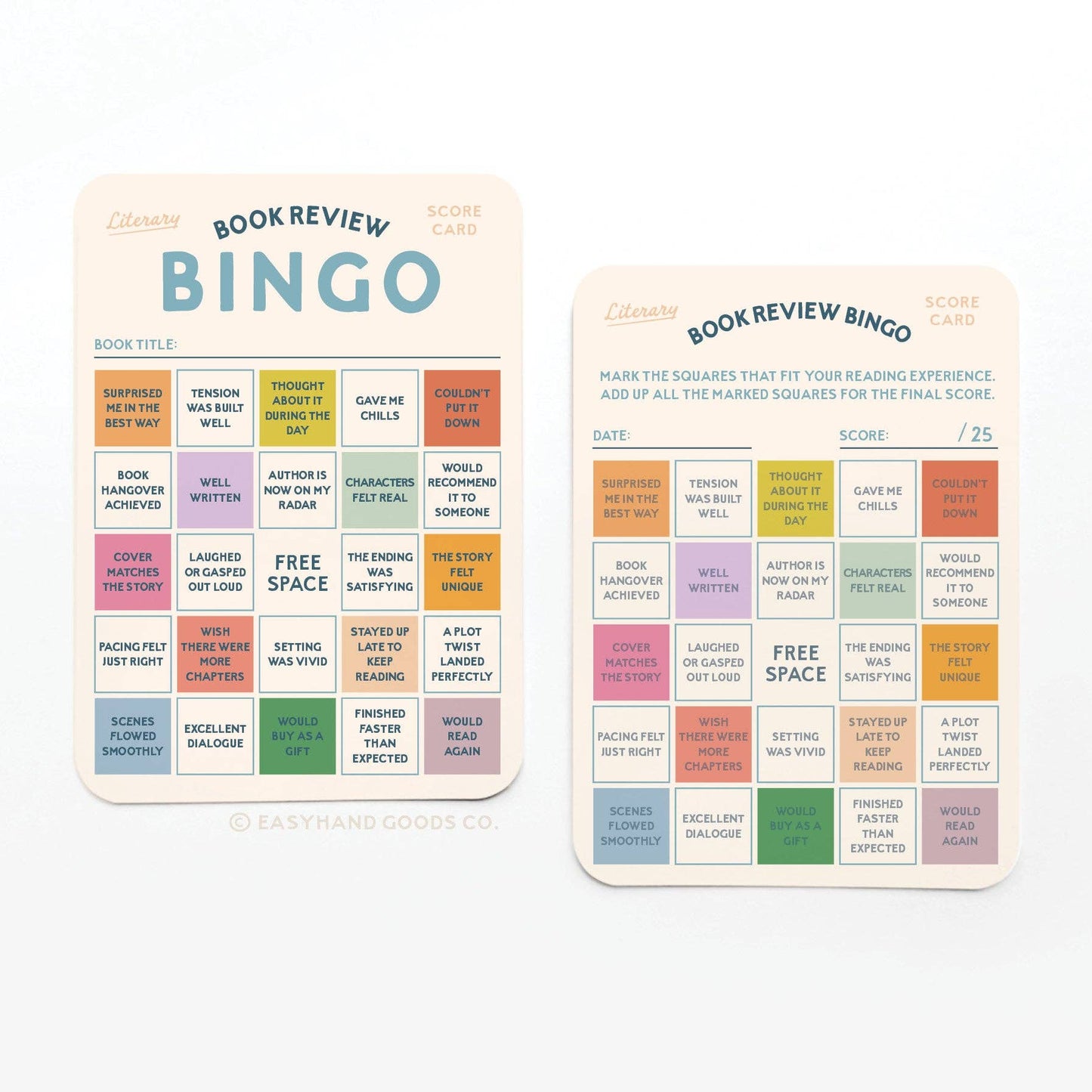Two book review bingo cards on a white background