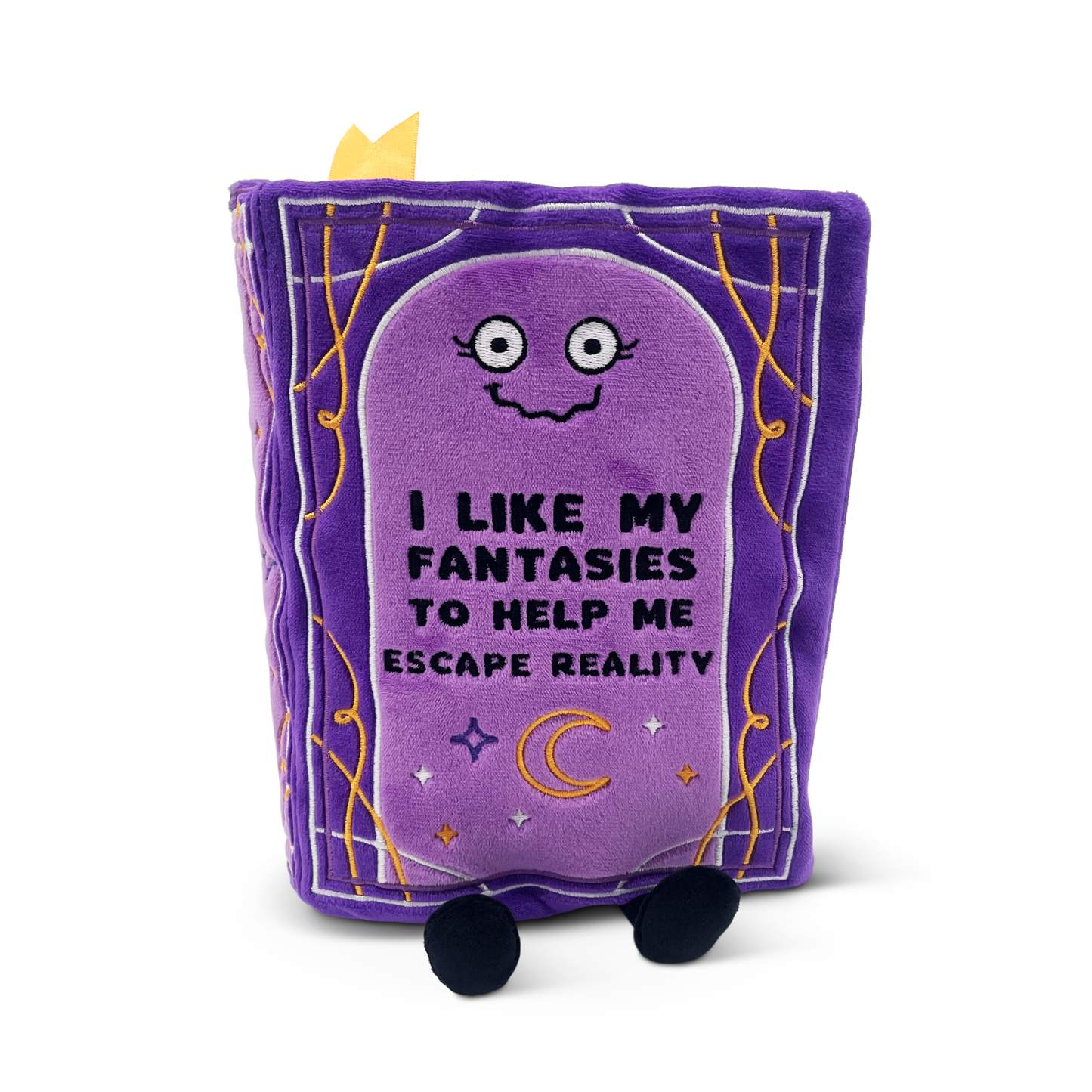 Purple plush toy book with text and spider web design on a white background