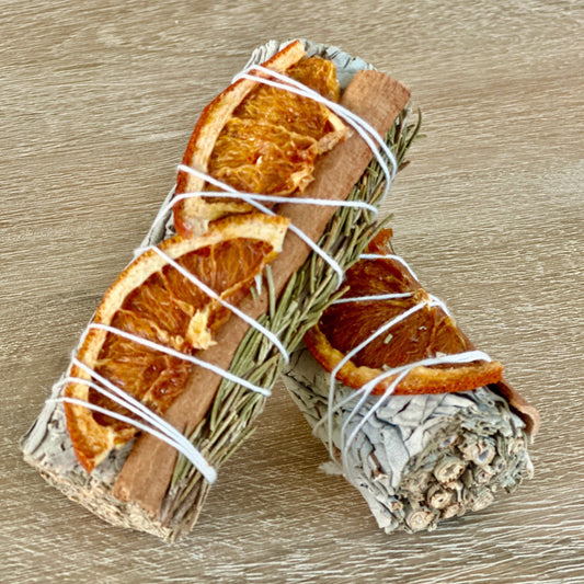 White Sage Smudge Stick with Orange Slices, Cinnamon & Rosemary