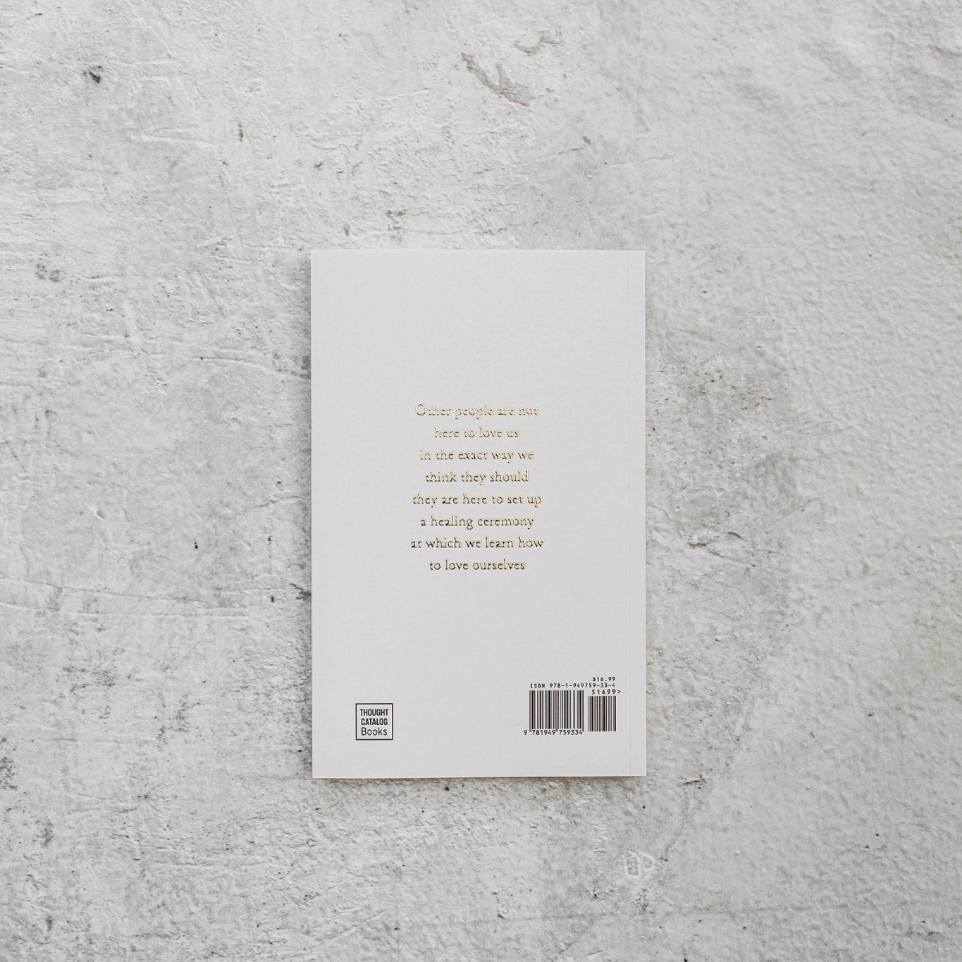 Book cover with text on a textured gray surface