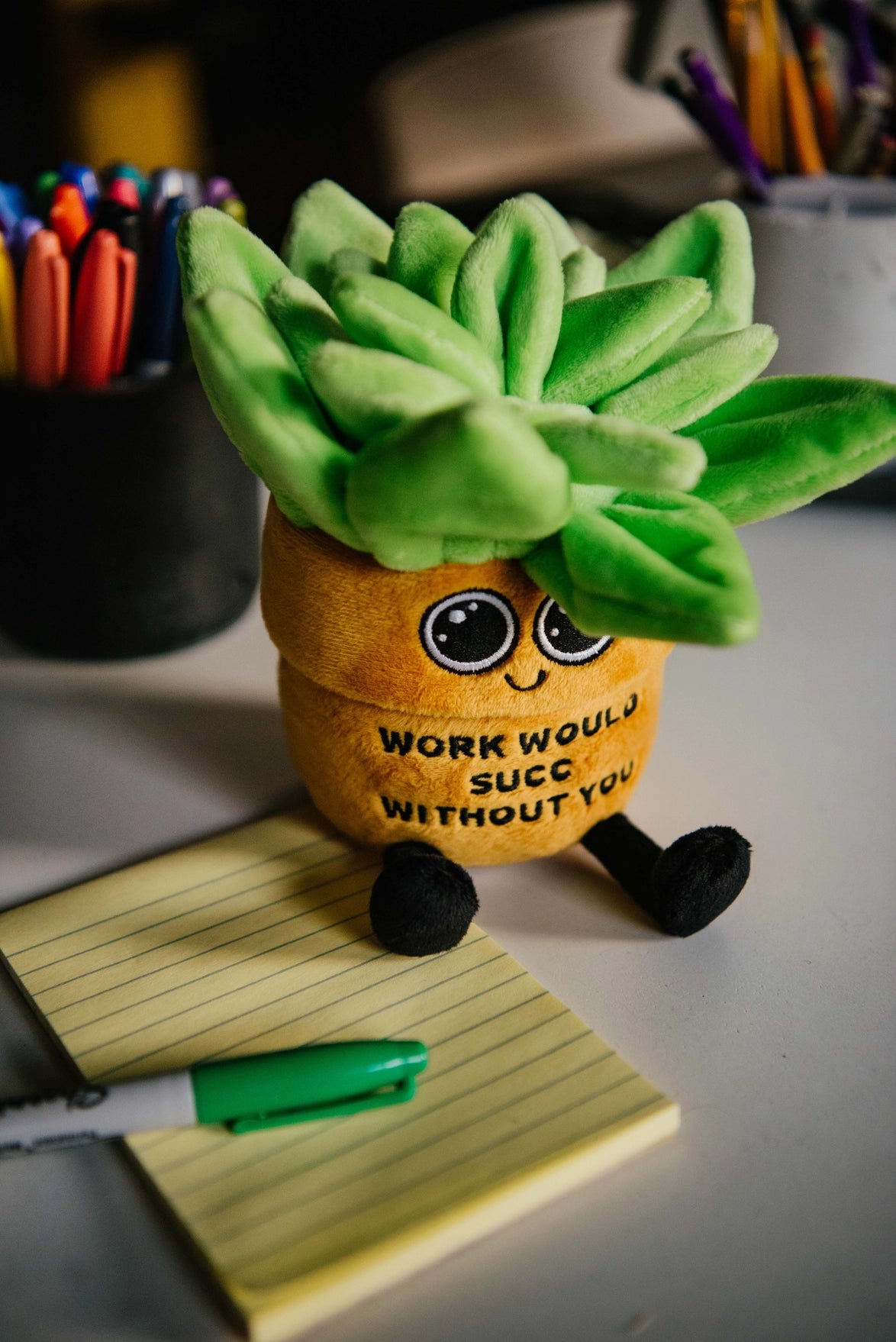 Plush succulent toy with a humorous message on a desk with stationery items.