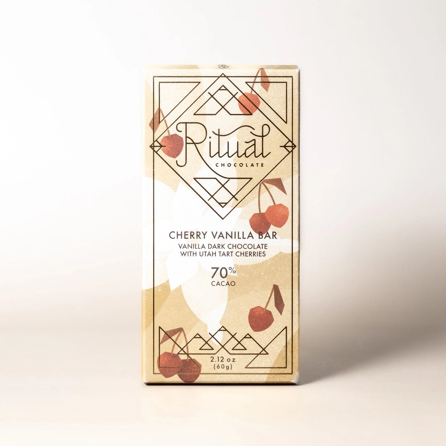 Ritual chocolate bar packaging with cherry design on a white background