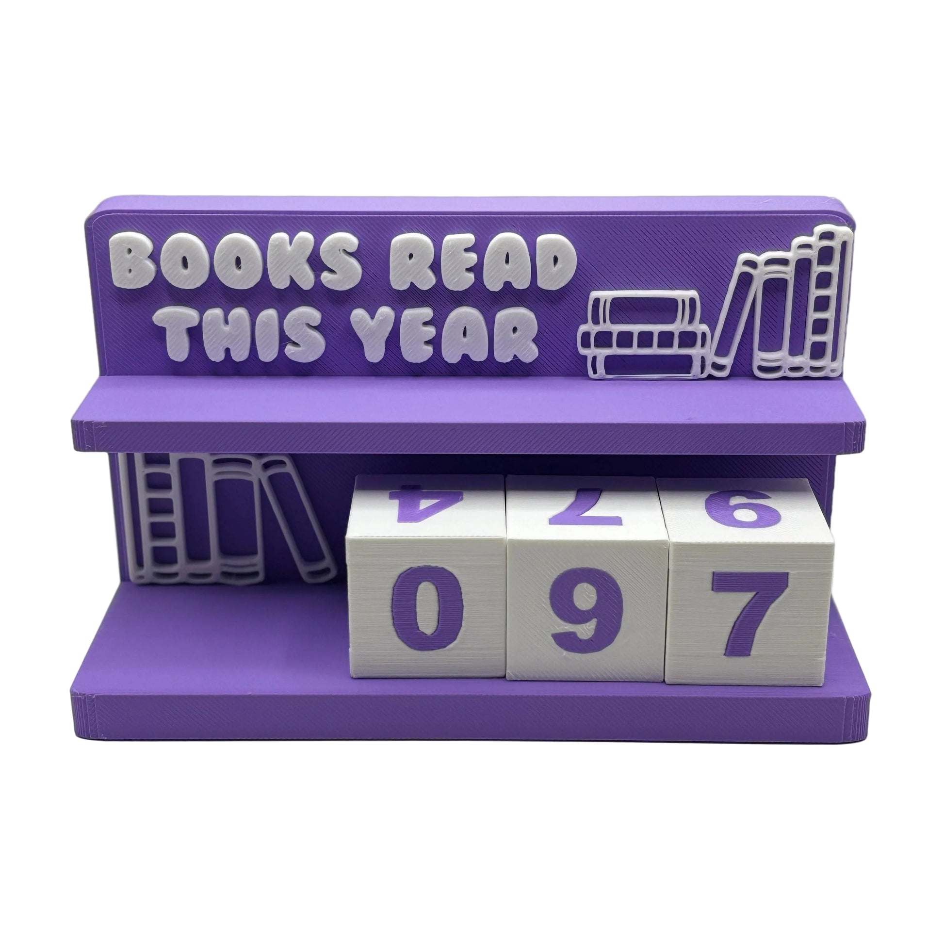 Purple bookshelf with 'Books Read This Year' display and number blocks on a gray background