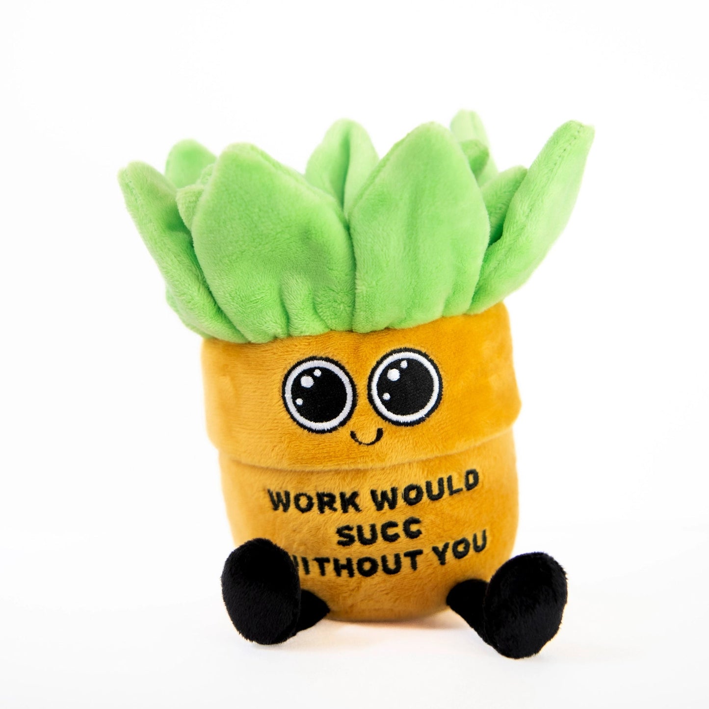 Plush toy succulent with text on a white background