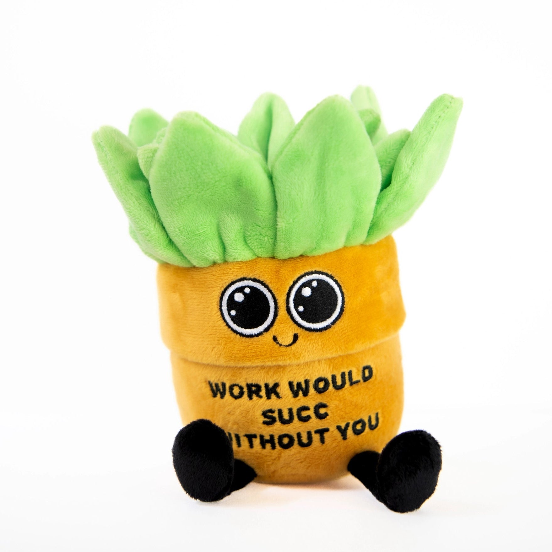 Plush toy succulent with text on a white background