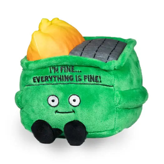 Green plush toy resembling a trash can with a yellow object on top, featuring text 'I'm fine.