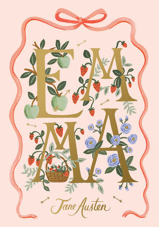 Book cover of 'Emma' by Jane Austen with decorative elements on a light pink background