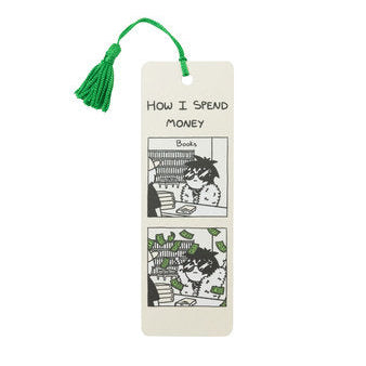 Bookmark with illustrations and text 'How I Spend Money' on a white background