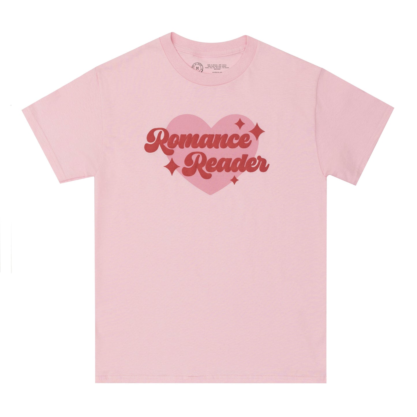 Pink t-shirt with 'Romance Reader' text and heart design on a white background