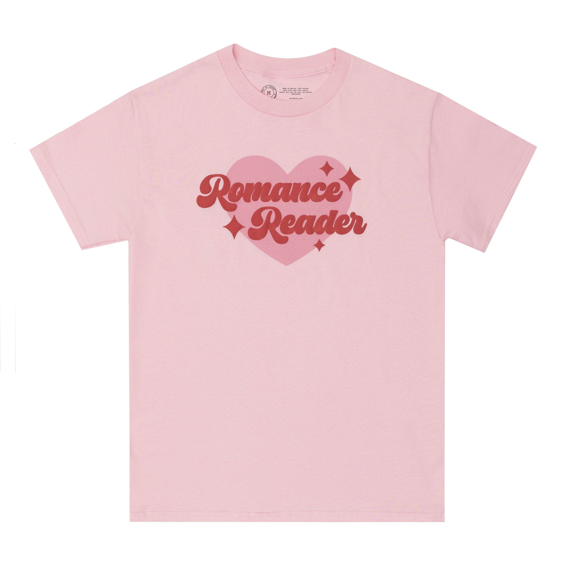 Pink t-shirt with 'Romance Reader' text and heart design on a white background