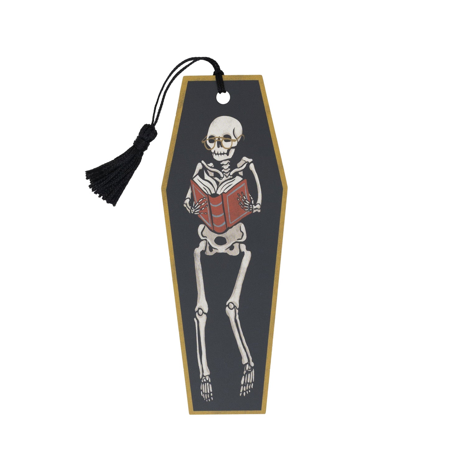 Bookmark with skeleton design holding a book inside a coffin on a white background