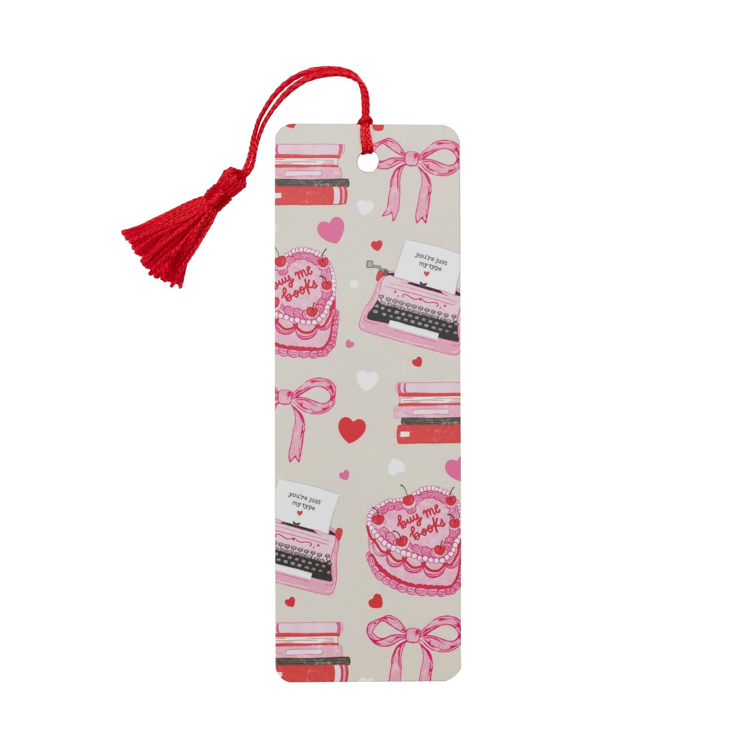 Decorative bookmark with a pattern of cakes, hearts, and bows on a white background