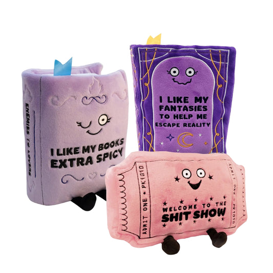 Three plush books with humorous text on a white background