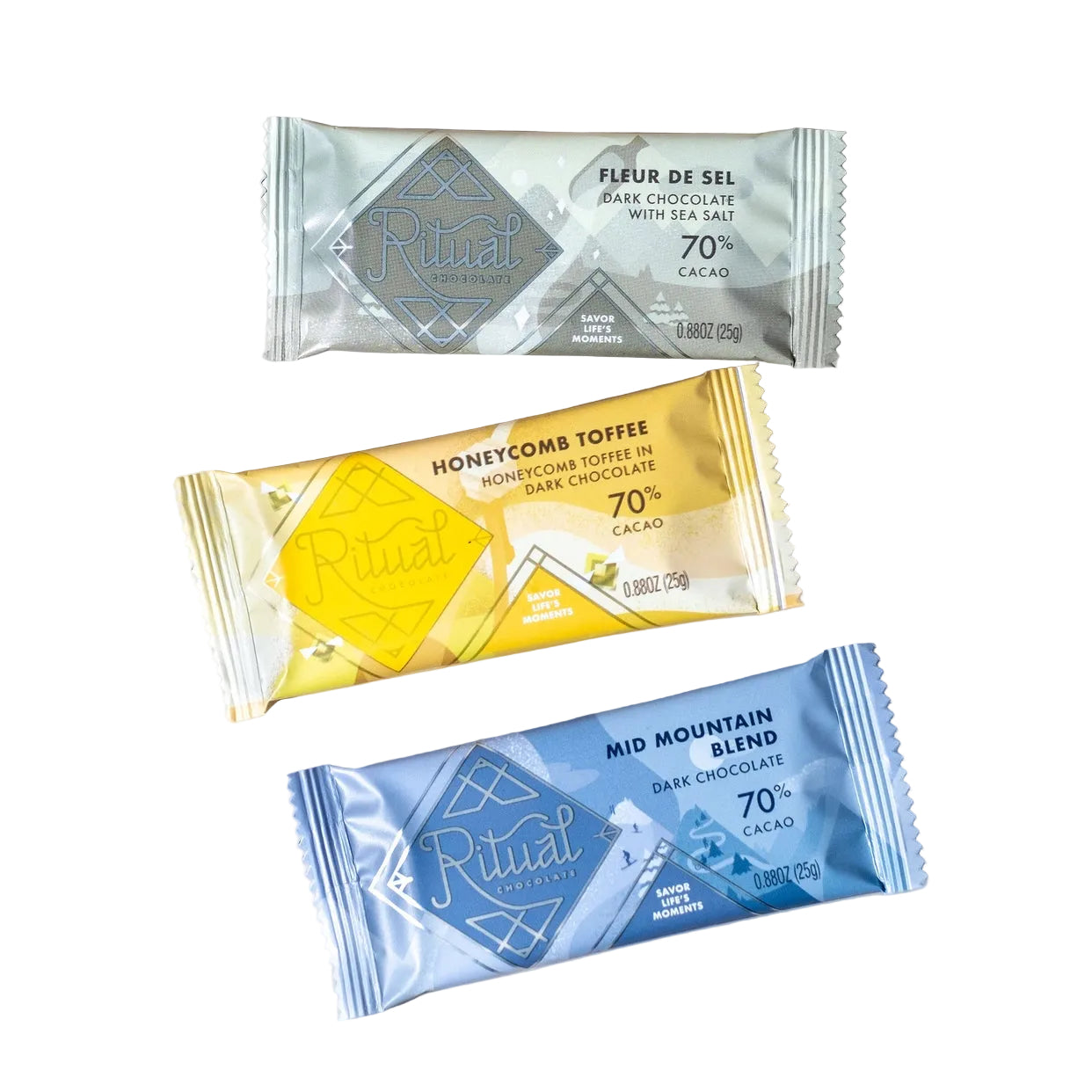 Three Ritual chocolate bars on a light gray background