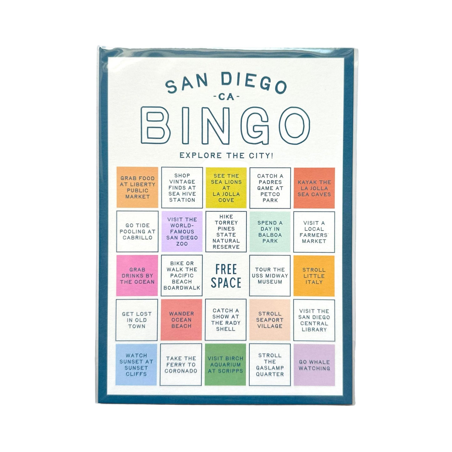 San Diego-themed bingo board game on a light gray background