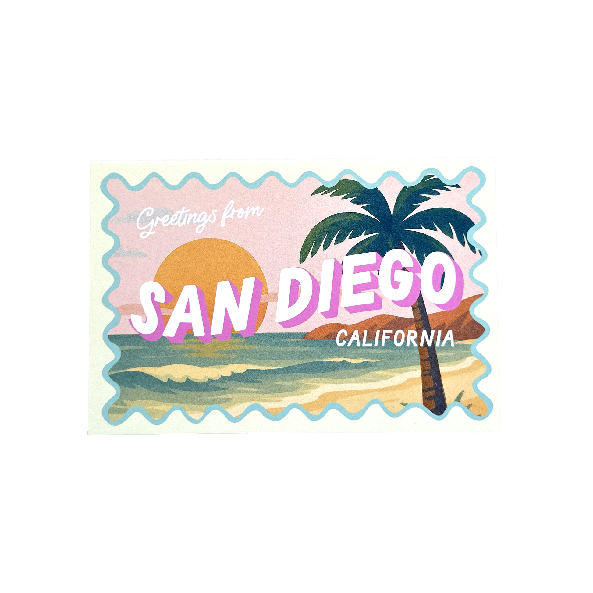 Stylized postcard with 'Greetings from San Diego, California' text, palm tree, and beach scene on a white background.