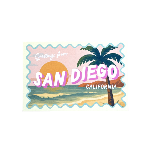 Stylized postcard with 'Greetings from San Diego, California' text, palm tree, and beach scene on a white background.