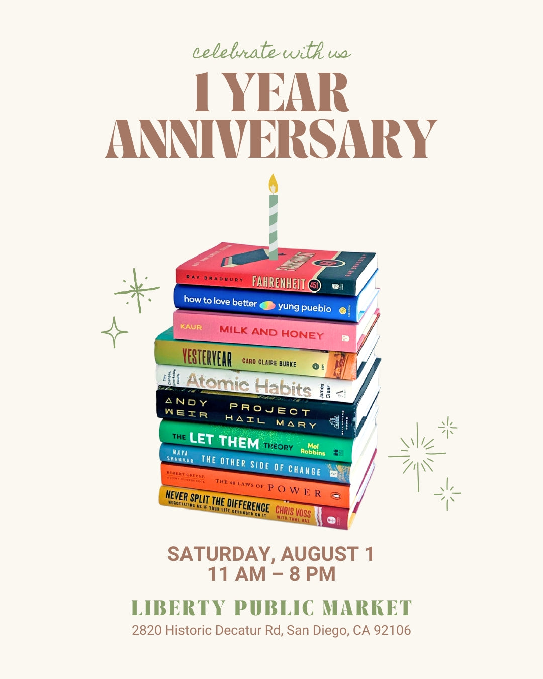 A promotional flyer for a book-themed 1 Year Anniversary event for You Should Read book shop in San Diego. The center features a graphic illustration of a tall stack of various colorful romance and fiction books with a single green and white striped candle on top.
