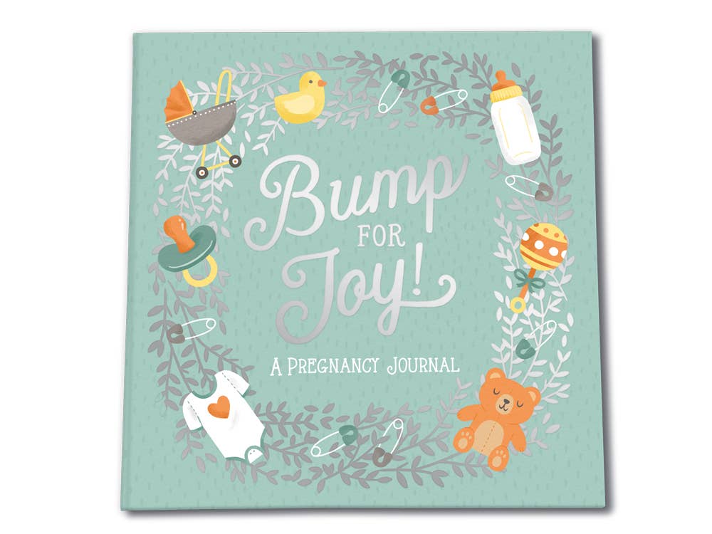 Pregnancy journal titled 'Bump for Joy' with baby-themed illustrations on a light blue background