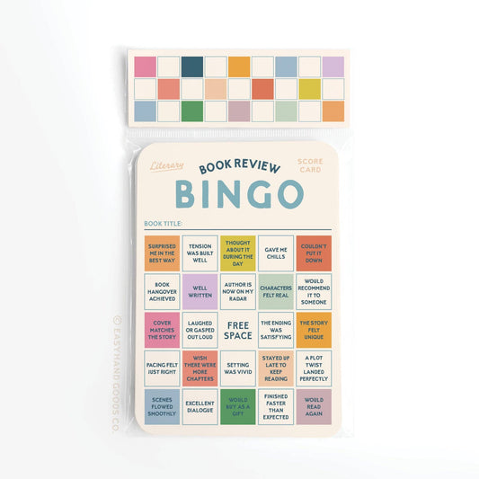 Book Review Bingo card with colorful design on a white background