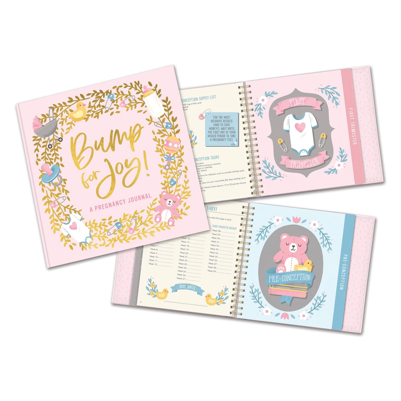 Pregnancy journal with pink cover and baby-themed pages on a white background
