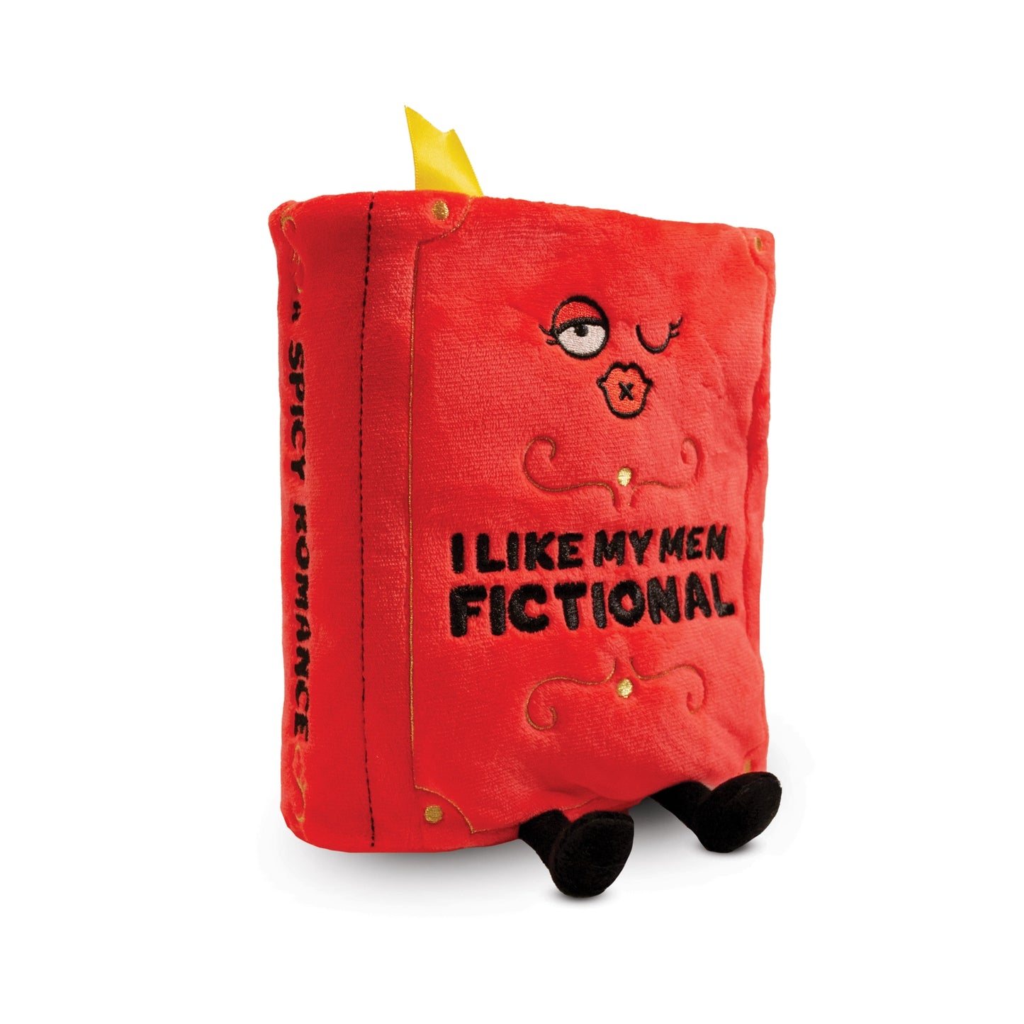 Red plush book with text and face design on a white background