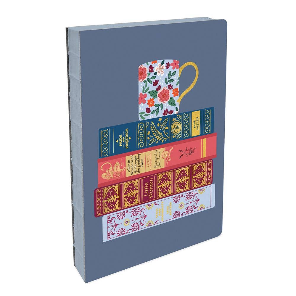 Decorative notebook with book and mug design on a white background