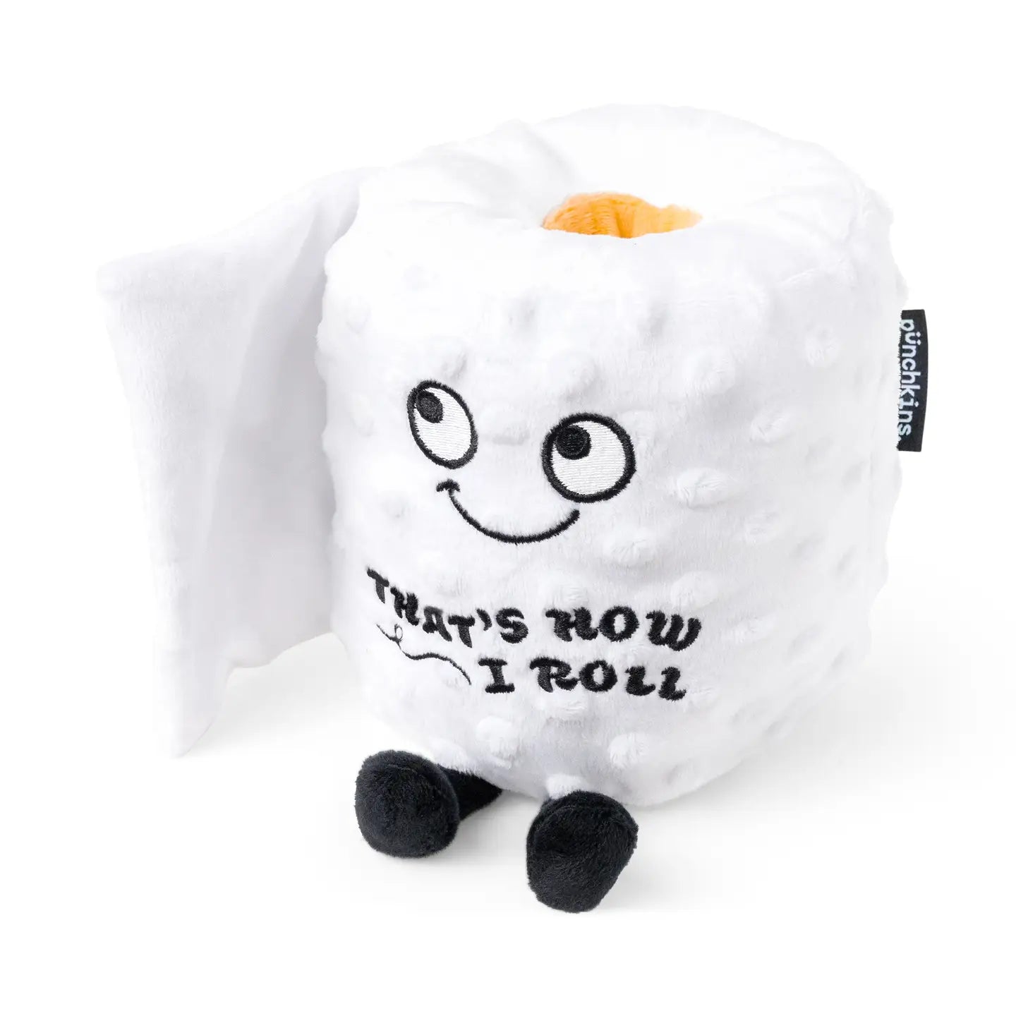 Plush toy shaped like a toilet paper roll with a face and text on a white background
