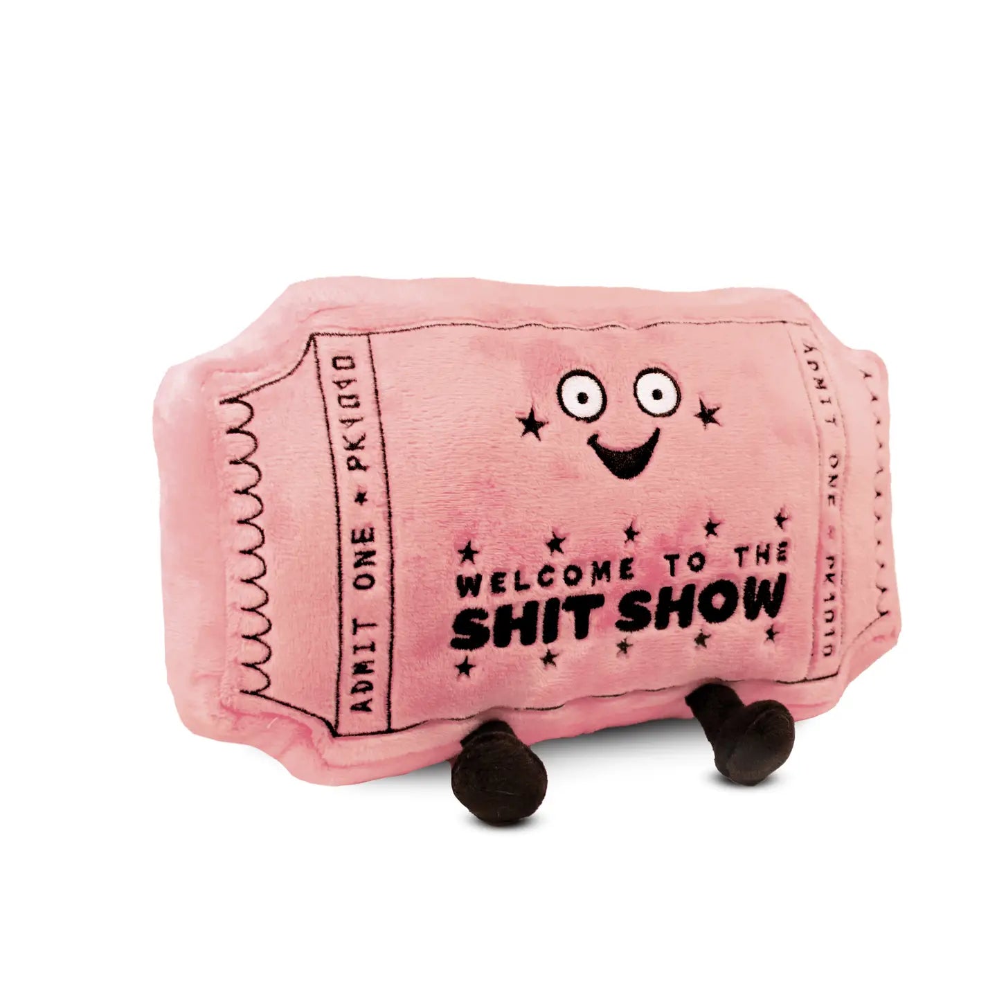 Pink plush toy resembling a ticket with shit show text on a white background