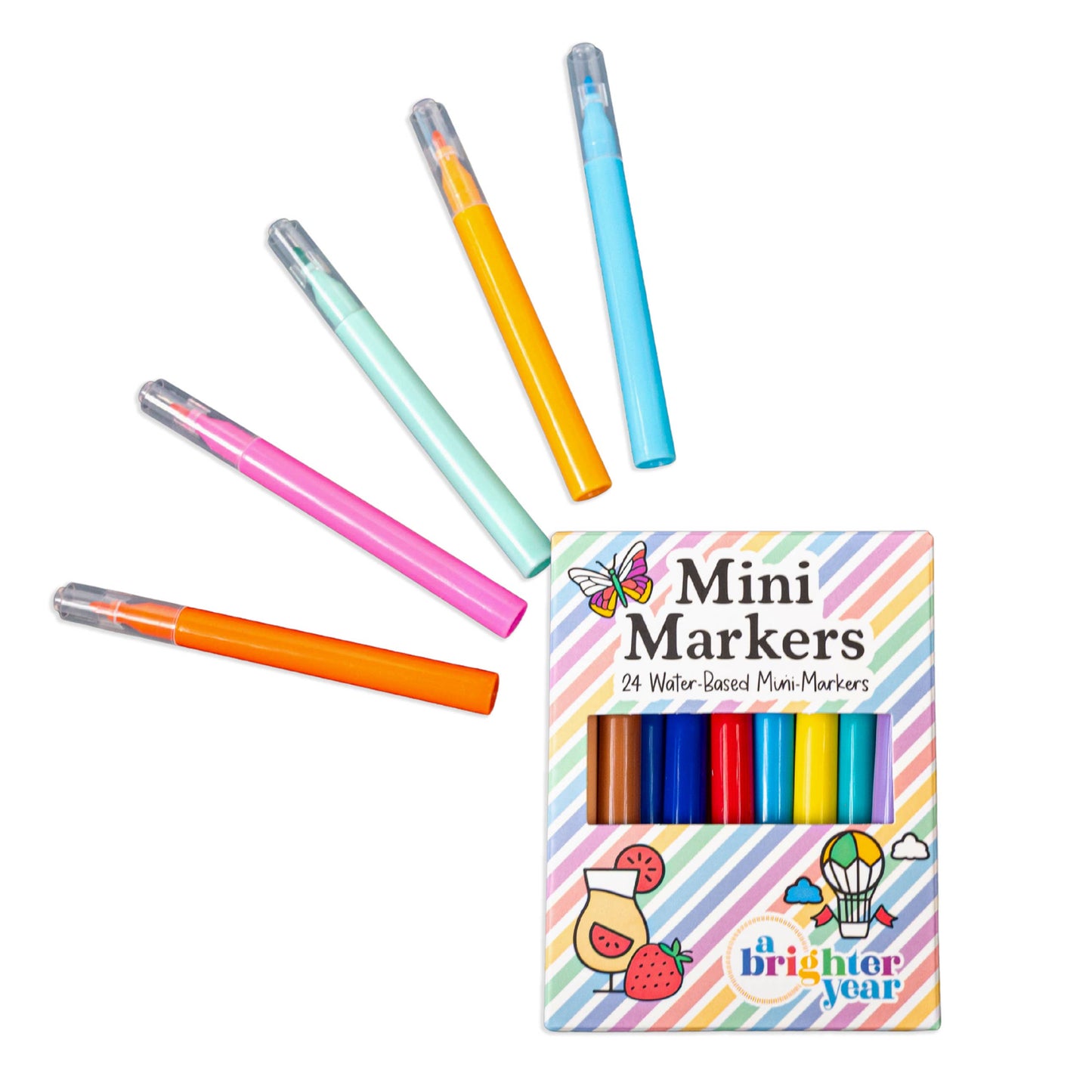 Set of mini markers with a packaging box on a white background