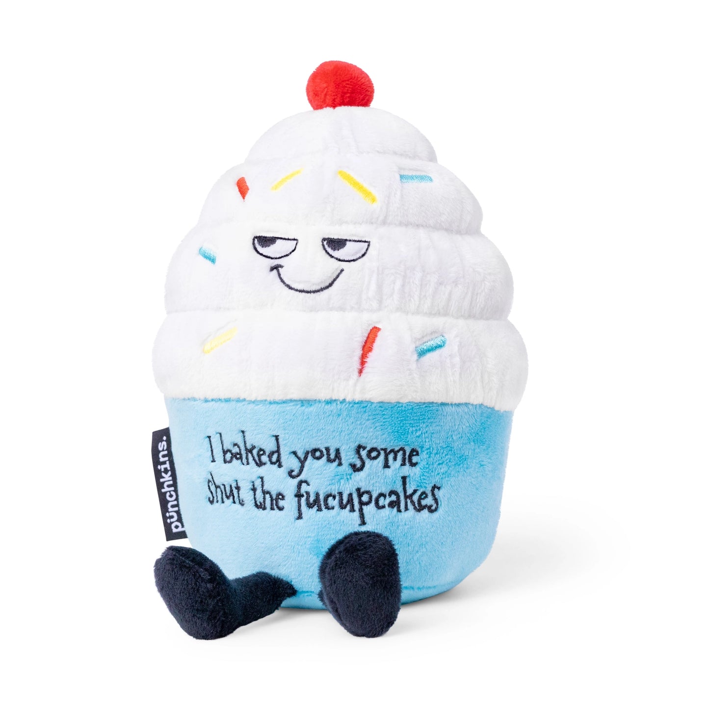 Plush toy resembling a cupcake with text on a white background