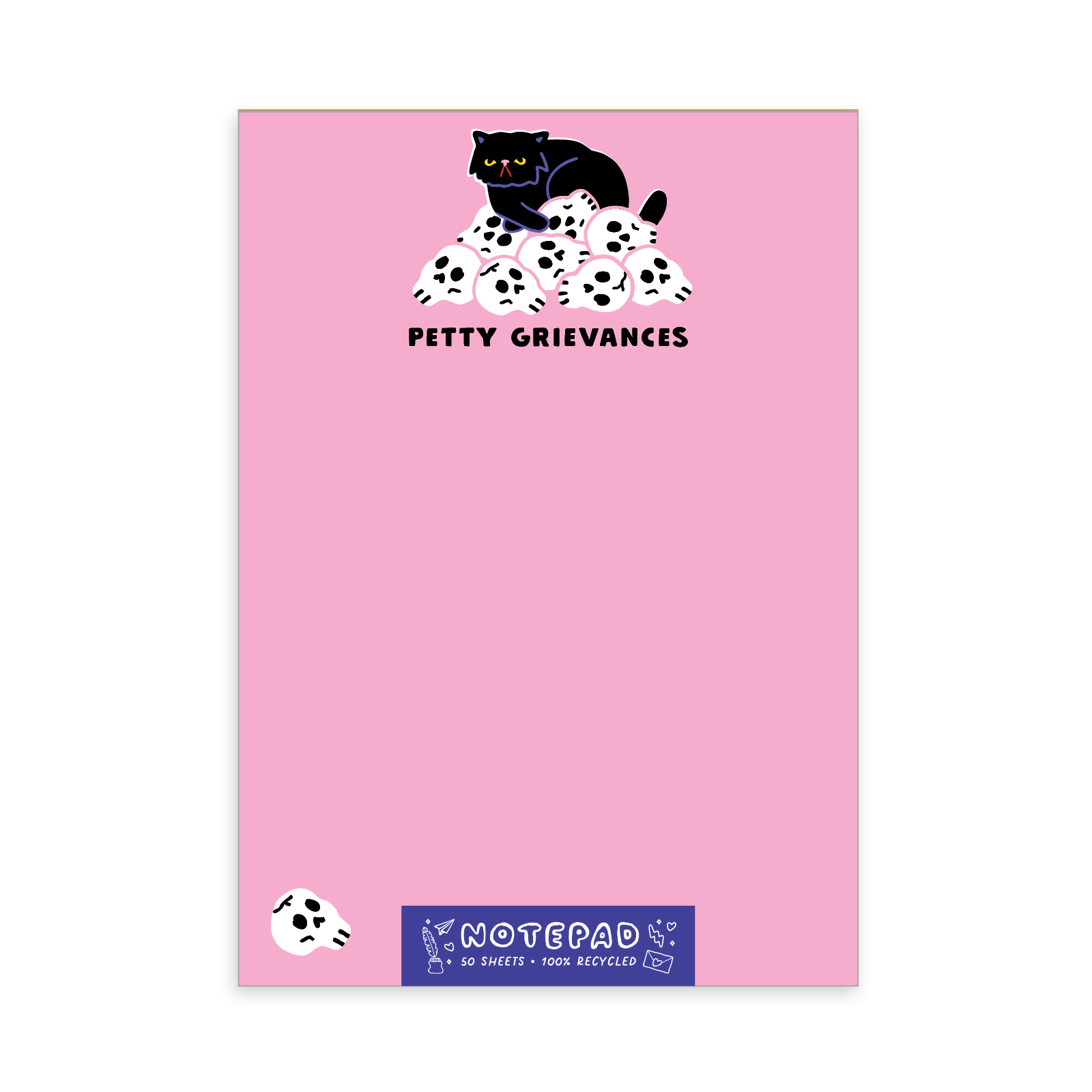 Notepad with a black cat and dalmatian design on a pink background