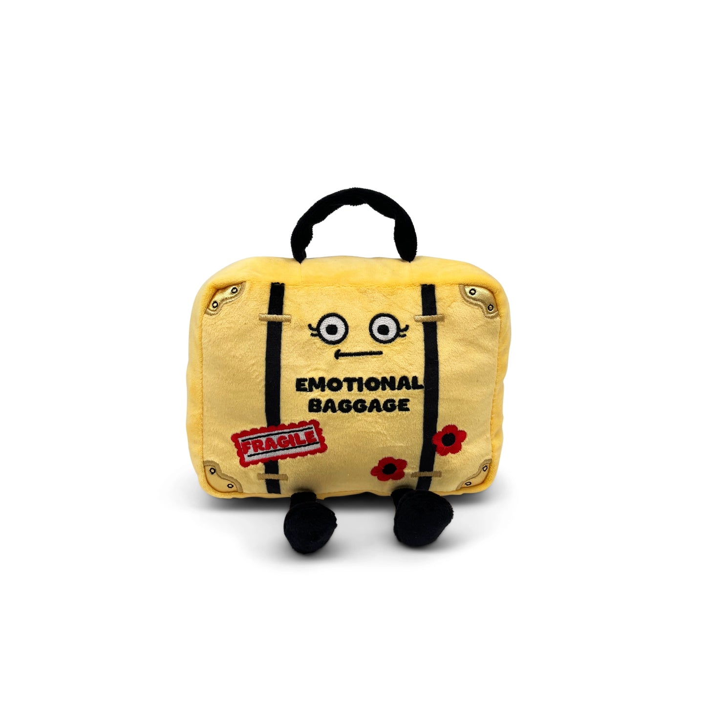 Plush toy suitcase with face and 'Emotional Baggage' text on a white background