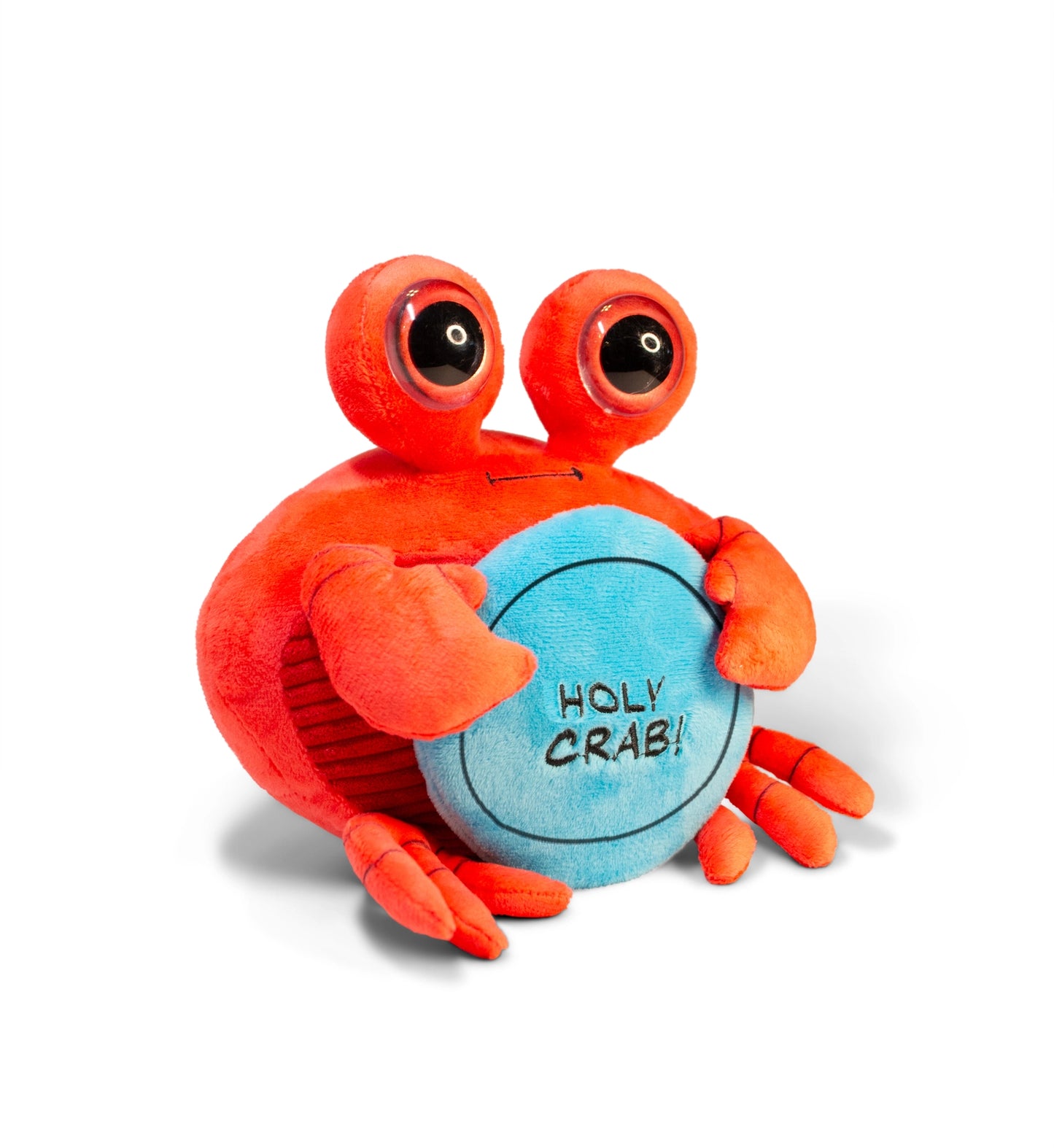 Red plush crab toy holding a blue ball with 'HOLY CRAB!' text on a white background