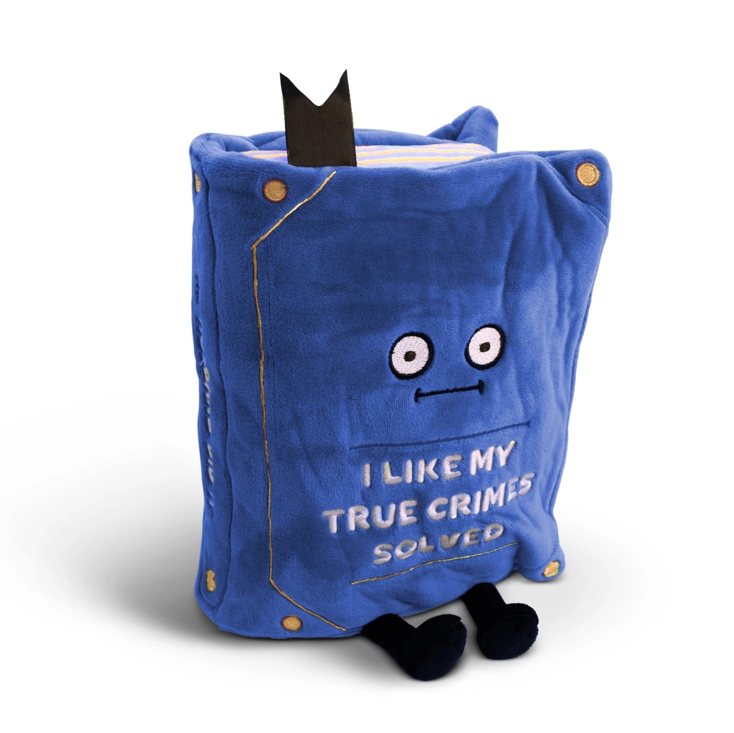 Blue plush toy with a face and text on a white background